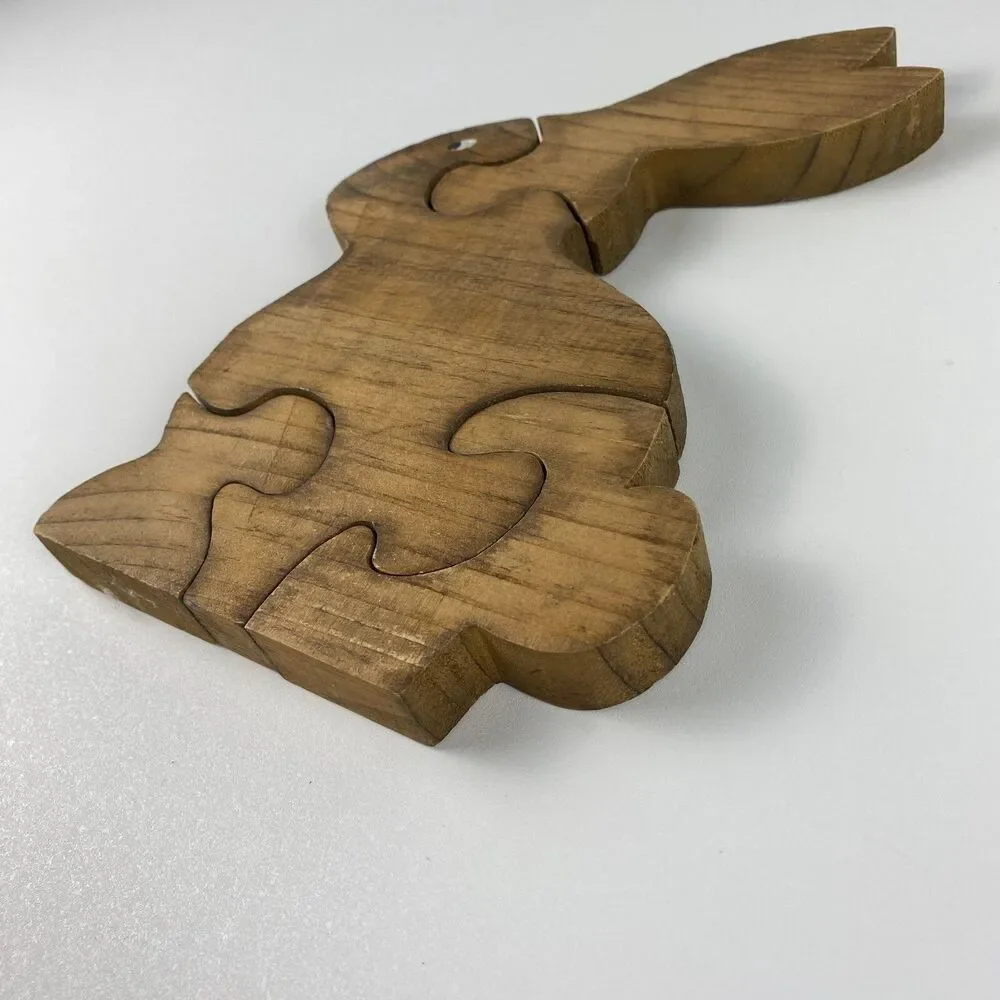 VTG Handmade Stained Wooden Bunny Jigsaw Puzzle Figurine Retro Decor 9